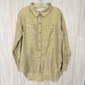 Jen's Pirate Booty Shirt Women's Medium Gold Striped Metallic Button Up Holiday